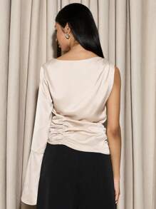 AiiRZ Luxury Asymmetric One Sleeve Ruched Satin Blouse With Statement Flared Bell Sleeve Elegant Evening Party Top Wedding Guest Formal Wear - Apricot - View 2