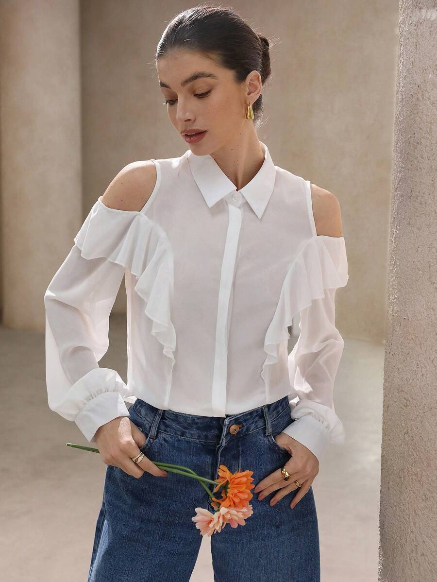 GENKIRA White Ruffled Ruffle Sheer Elegant Blouse For Women, Long Sleeve - White - View 1