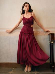 Anewsta Elegant Wine Red Woven Pleated Slip Dress For Women, Summer, Valentine's Day