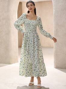 Aveloria Rosie Elegant Square Neck Romantic Blue Ditsy Floral Textured Flare Waist Long Sleeve Dress For Women Boho Vacation Fashionable Style All Over Print