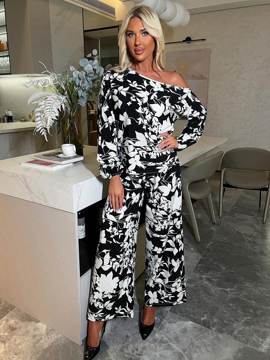 SHEIN LUNE 女士 2 件套休闲套装：不对称领衬衫和松紧腰裤 - 彩色 - 查看 1