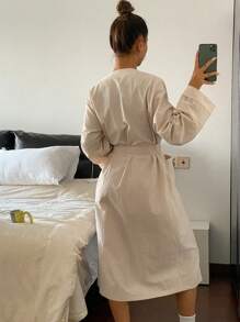 Livesso 简约蕾丝拼接下摆长款系带睡袍，家居服，舒适保暖，秋冬款