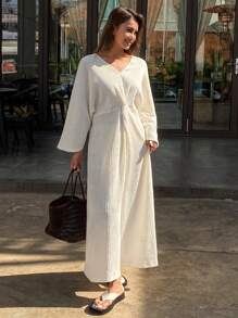 DAZY Knitted Casual Twist Design Loose Long Dress Loungewear Pajama - Beige - View 5