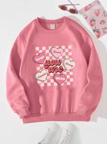 SHEIN 1pc Tween Girl Checkered Heart Graphic Fleece Crew Neck Sweatshirt, Fashion Autumn/Winter Design, Mommy And Me Matching Outfits (3 Pieces Sold Separately) - Hot Pink - View 1