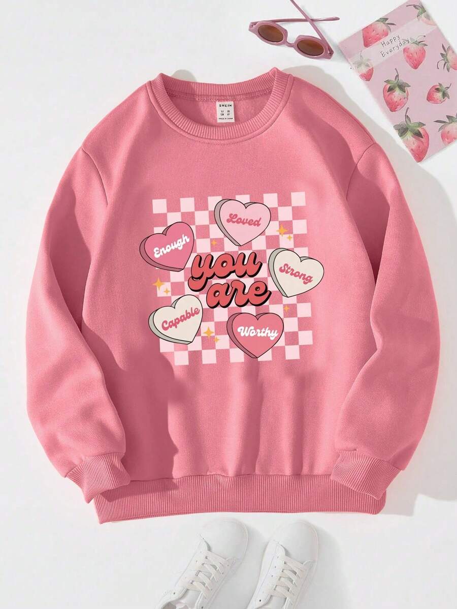SHEIN 1pc Tween Girl Checkered Heart Graphic Fleece Crew Neck Sweatshirt, Fashion Autumn/Winter Design, Mommy And Me Matching Outfits (3 Pieces Sold Separately) - Hot Pink - View 1