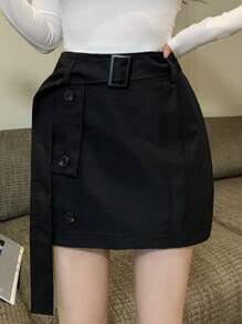 DAZY Falda casual con cintura anudada, estilo coreano, de unicolor, para otoño e invierno - Negro - Ver 3