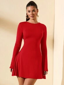 SHEIN BAE Women's Slim-Fitting Long-Sleeved High-Neck Mini Dress With Ruffled Hem, Coffee Color, Suitable For Layering, Dating Or Commuting In Autumn And Winter, Elegant Card Dress Umbrella Skirt Office Wear Work Wear Autumn Inner Wear