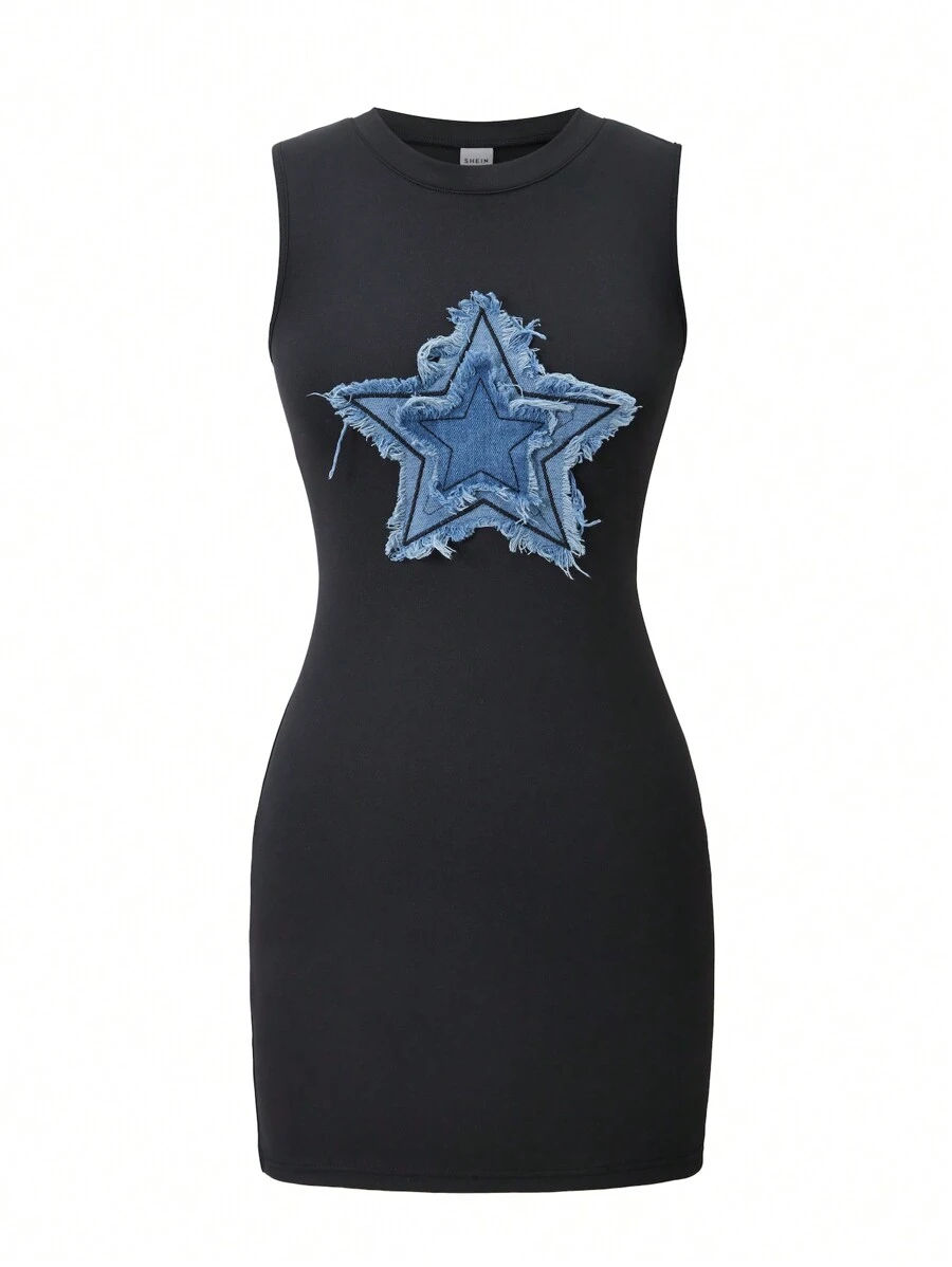 SHEIN Explorewe Tween Girls Round Neck Bodycon Star Embroidery Mini Dress - Black - View 1