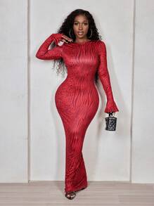 BamGleam 女士圆领长袖印花简约修身长裙