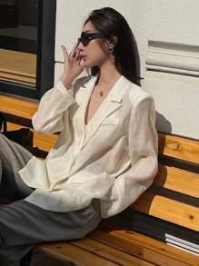 DAZY Women's Plain Front Button Closure Long Sleeve Pocket Casual Blazer Jacket,Fall Clothes Business Attire - Beige - View 4