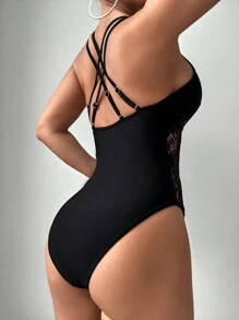 Swim Lushoire 1 pièce Maillot de bain une pièce pour femmes avec patchwork de dentelle, dos nu et couleur unie. Mode loisir élégante pour les vacances.