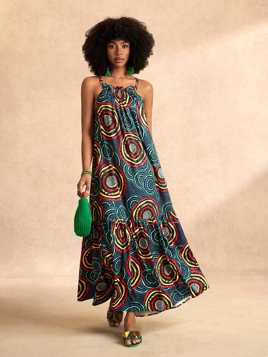 Slaydiva Beach New Spring And Summer Holiday Suspender Neck Pleated Sleeveless A-Hem Cake Skirt Pattern Dark Green Red Ring Pattern Printed Women's Maxi Dress