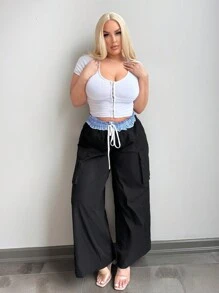 SHEIN SXY Plus Size Women's Spring/Summer Sexy Fashion Plaid Frill Patchwork Big Pocket Wide Leg Pants, Suitable For Date Night, Birthday, Bachelorette Party, Cute, Casual, Shopping, Streetwear, Going Out, Easy To Match & Looks Slim, Accentuates Your Body, Flattering Figure - Black - View 6