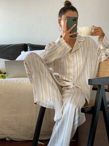 Livesso 条纹印花丝缎宽松睡衣套装，秋装 - 杏色 - 查看 5