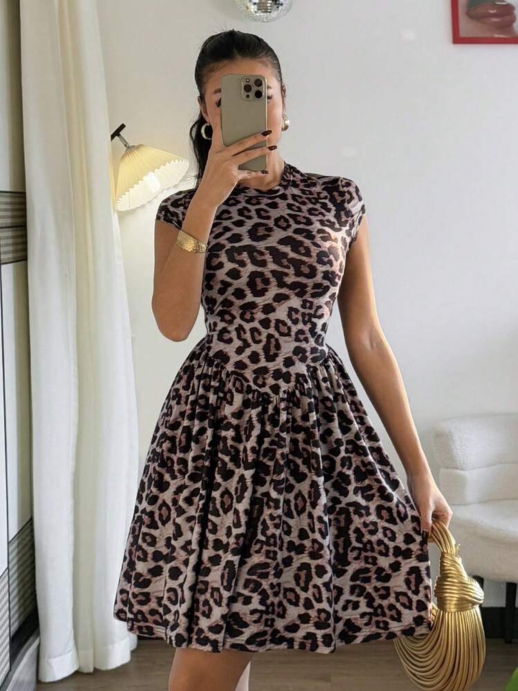 Rafferiza Vestido de verano casual con estampado de leopardo y falda acampanada de punto para mujer - Multicolor - Añade 4