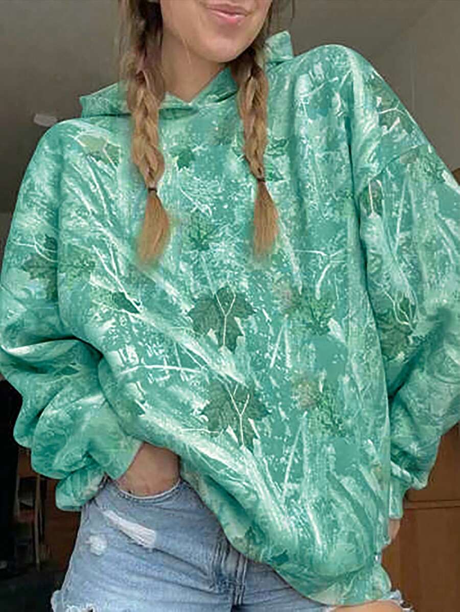 SHEIN EZwear 大码全印花极简卫衣,休闲日常套头衫,秋季款 - 綠色 - 查看 1