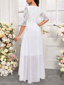 SHEIN Lady Vestido Branco de Renda com Recorte de Renda, Vestido Elegante para Festa de Casamento para Mulheres - Branco - Visão 2