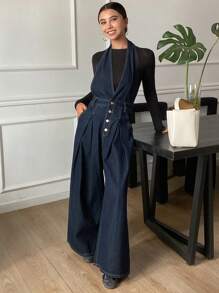 Livesso 女士无袖牛仔背带裤和连衣裤 - 深色水洗藍 - 查看 3