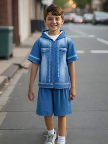 Ensemble adolecent 2 pièces, T-shirt graphique avec visage souriant graffiti et effet denim + short à taille élastique. Convient pour l'automne, le printemps, l'été, les activités extérieures, l'école, le streetwear, les fêtes et les loisirs à la maison - Multicolore - Voir 1
