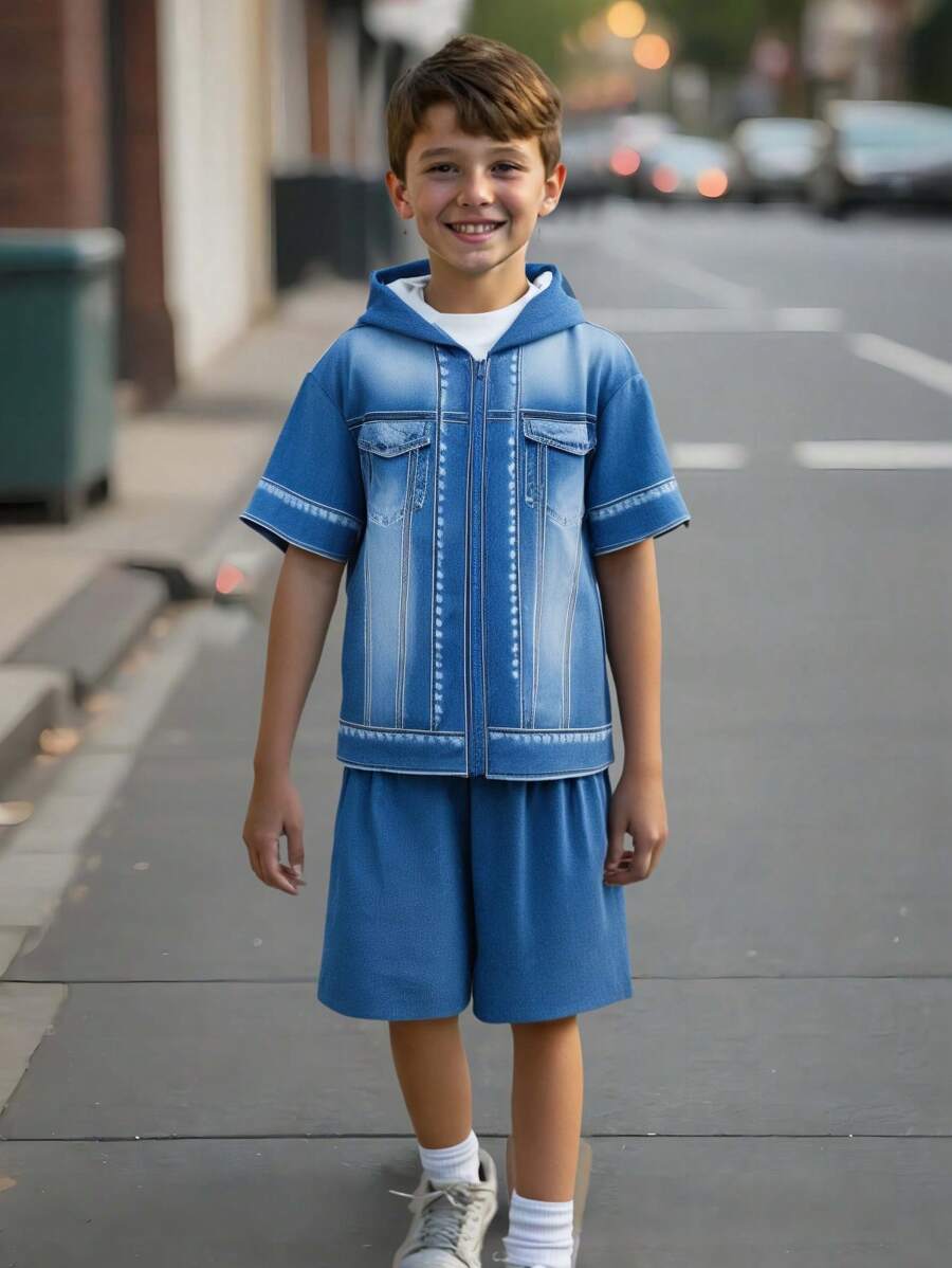 Ensemble adolecent 2 pièces, T-shirt graphique avec visage souriant graffiti et effet denim + short à taille élastique. Convient pour l'automne, le printemps, l'été, les activités extérieures, l'école, le streetwear, les fêtes et les loisirs à la maison - Multicolore - Voir 1