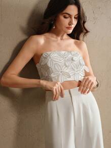 Anewsta Rhinestone Trim Floral Print Spaghetti Strap Camisole, Summer, Elegant, Casual, Beach, Vacation - White - View 5