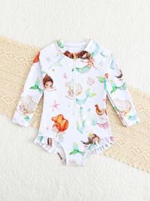 SHEIN Baby Girl Directional Print/Ruffled Edge/One-Piece Swimsuit - Multicolor - View 4