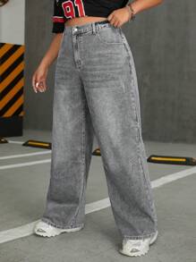 SHEIN ICON Plus Size Front Button Pockets Simple Casual Flared Leg Jeans - Grey - View 4