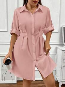 SHEIN Clasi Plus Size Solid Color Simple Fashion Casual Everyday Dress - Pink - View 4
