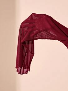 SHEIN BAE 大码长袖浪漫荷叶边连衣裙，适合约会、旅行、秋季、内衣、蝴蝶结、夏装、节日派对服装、优雅、生日服装、网眼、性感连衣裙、大码生日礼服 - 酒紅色 - 查看 5