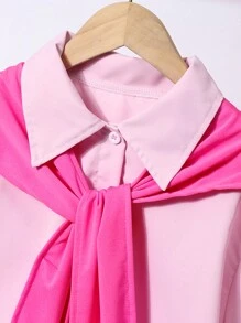 Teen Girls Vacation Casual Style Pink Chiffon Ruffled Blouse + Straight Leg Pants