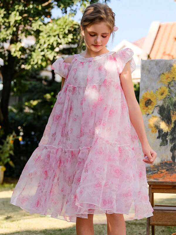 Wildeya Tween Girls' Floral Print Off Shoulder Chiffon Dress, Floral Elegant Summer Dress For Girls, Girls' Princess Dress Outfit Suitable For Wedding Season, & Cute Style, No Traditional Pattern, Focus On Floral/Partial Decoration