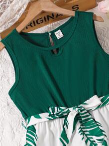 SHEIN 青少年女孩优雅热带植物印花拼接无袖连体裤，适合暑假、度假、夏季、旅行 - 墨綠色 - 查看 5