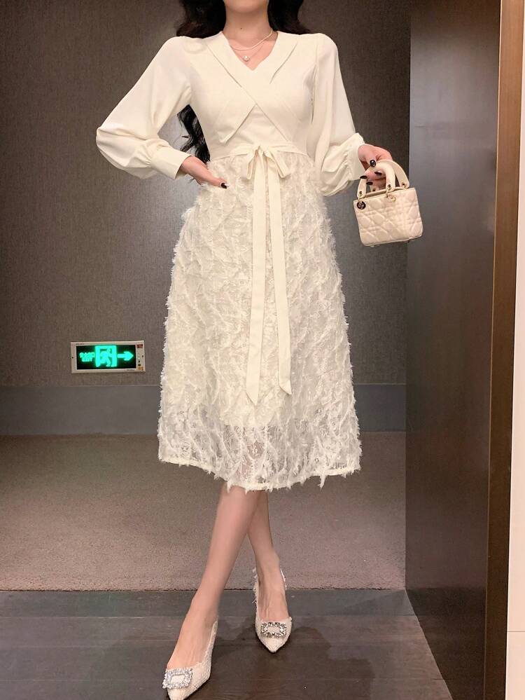 V-Neck Lace Patchwork Lantern Sleeve Belted Mid-Length Dress For Women Prom Dress,Fall Dress Long Sleeve Dress Elegant Women Dresses