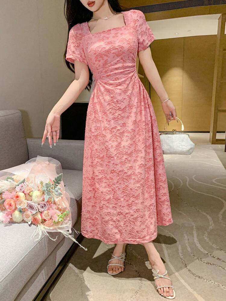 Texture Crew Neck Women Jacquard Short Sleeve Mid-Length Dress Prom Dress Sundress Elegant Women Dress