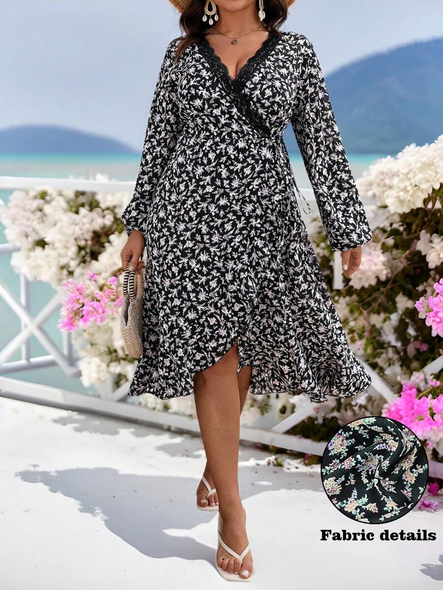 SHEIN LUNE Plus Size Women Lace Patchwork V-Neck Cinched Waist Long Sleeve Ditsy Floral Elegant Dress Fall Cloth For Women - Black - View 1