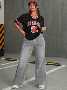 SHEIN ICON Plus Size Front Button Pockets Simple Casual Flared Leg Jeans - Grey - View 5