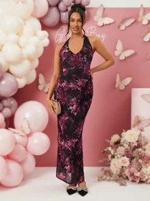 Loomaby Maternity Floral Print Halter Dress, For Baby Shower Party, Valentine's Day, Gender Reveal Dress