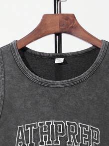 SHEIN 1 Pc Teen Boy's Loose Knitted Vintage Jersey Sleeveless Tank Top With Snow-Washed Embroidery And English Graphic Patterns, Back To School, For Friends Spring Wear Jackets, Spring Back To School - Black - View 4