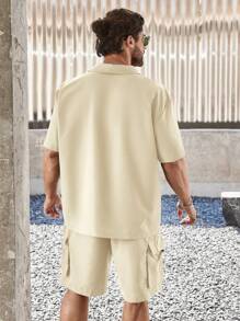 Manfinity Homme Plus Size Men Casual Solid Color Short Sleeve Shirt And Shorts Set - Beige - View 2