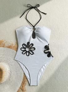 Soleia 1 Stück Damen Blumen Ausschnitt Kontrast Farbe Trägerloses Rückenfrei Badeanzug, geeignet für Strandurlaub, Valentinstag, Bademode für Frauen, Valentinstags-Kleidung, Urlaubsoutfits für Frauen, Strandoutfits für Frauen für Sommerurlaub