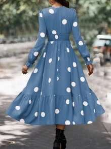 SHEIN Clasi 波尔卡圆点印花 V 领喇叭袖连衣裙长款女装