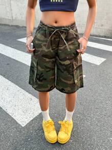 SHEIN Teen Girls' Y2K Summer Break Camouflage Camo Print Denim Loose Baggy Bermuda Denim Jeans Long Shorts,Girls Summer Boho Vacation Holiday Concert Rave Outfits - Army Green - View 5