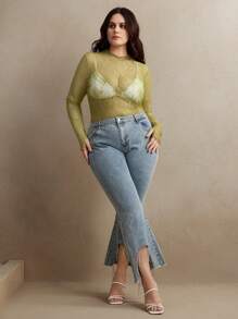 Anewsta Plus Size Women Lace Sheer Elegant Thumb Hole Blouse, Suitable For Holiday Party