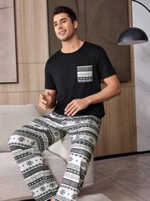 Geometric Pattern Print Leisure Patch Pocket Short Sleeve Pants Men Pajama Set - Black and White - View 3