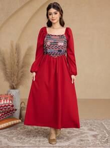 SHEIN Kleid mit Puffärmeln und Retro-Print für Teenager Mädchen - Bordeaux - Übersicht 4