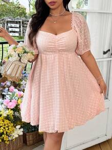 Flirla Plus Size Women's Pink Floral Print Ruffled Holiday Dress, Sweet & Cute