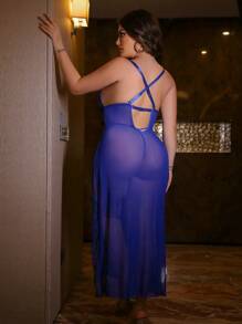 SHEIN Bộ đồ lót ren và lưới gợi cảm cỡ lớn 2 chiếc - Xanh đậm - Xem 2