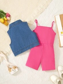 SHEIN 2 件套：牛仔花卉刺绣背心 + 小女孩吊带短裤