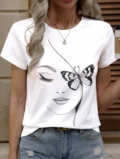 SHEIN LUNE Women's Casual Short Sleeve Butterfly And Face Print T-Shirt Top, Spring/Summer
