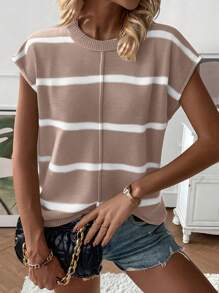 SHEIN LUNE Chaleco de punto holgado de cuello redondo y hombros caídos sin mangas para mujer; jersey de rayas de contraste de moda sin mangas, otoño/invierno